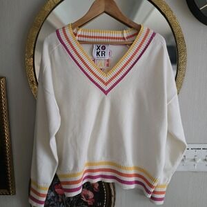 Kerri Rosenthal Get Happy V-Neck Knit Sweater Top Striped Colorful Soft Size L